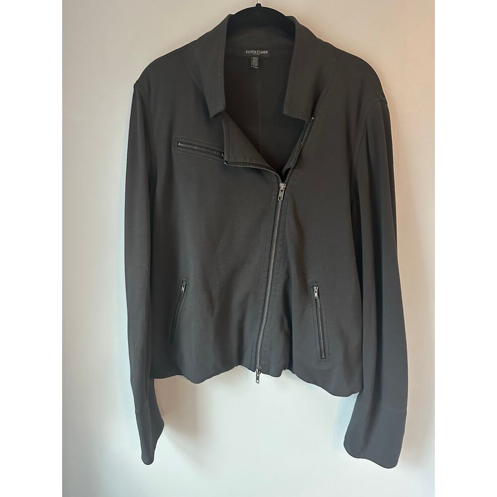 Eileen Fisher Women's Moto Jacket Petite Large Gray Soft Ponte Pockets Zipper